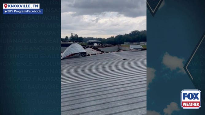 Storm damage is seen at an airport in Knoxville, Tennessee, on Sept. 4, 2025.